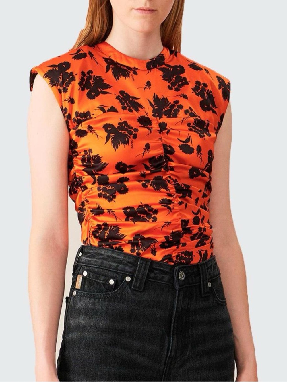 Ganni Orange Floral Ruched Silk Top Structured Shoulders EU 34 XS